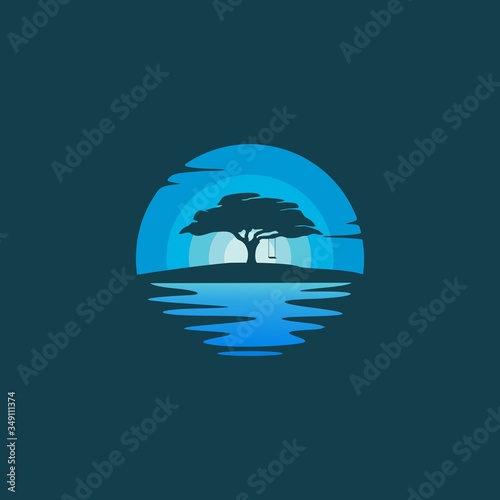 Oaktree silhouette in the night landscape logo design vector illustration	