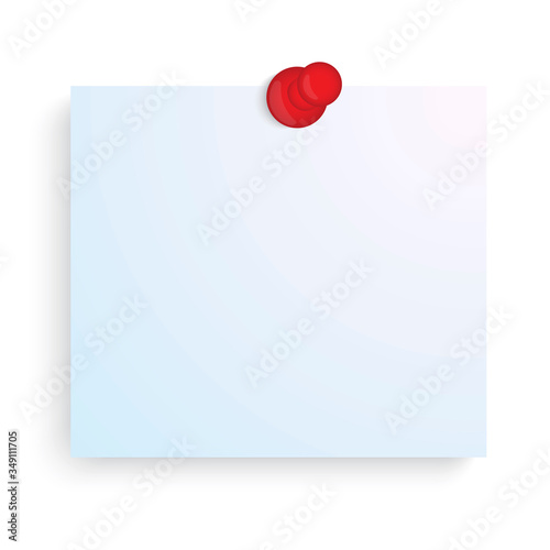 Note paper. Vector image of a white sticker, bulletin with red push. Notification and memo attached with a clip. Stock Photo. Vector template.