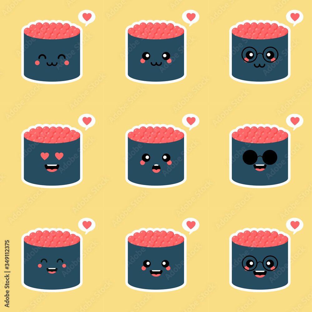 Fototapeta premium Cute Kawaii Sushi roll with caviar. Japanese traditional meal. Cartoon manga style. Funny anime character with happy face. Flat design. Trendy Vector illustration. Logo template