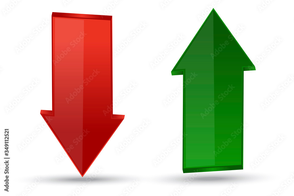 Arrow green up, red down. Stock icon, exchange and sale symbol. 3d straight arrows on a white background. Vector illustration. Stock Photo. Arrow green up, red down. Stock icon, exchange and sale symbol. 3d straight arrows on a white background. Vector illustration. Stock Photo.