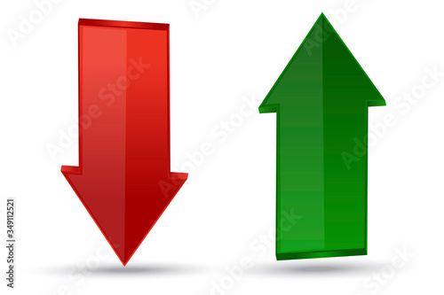Arrow green up, red down. Stock icon, exchange and sale symbol. 3d straight arrows on a white background. Vector illustration. Stock Photo.