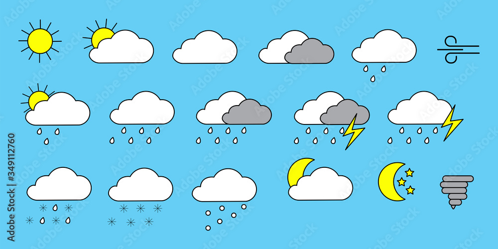 Obraz premium Cloud, rain, sunshine weather on one vector icon. Image of weather forecast, lightning, storm, snow, hurricane. Template for different weather conditions. Stock Photo.