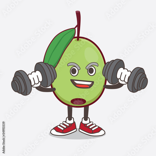 Olive Fruit cartoon mascot character on fitness exercise using barbells