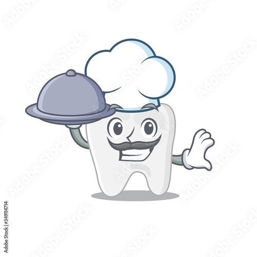 mascot design of tooth chef serving food on tray