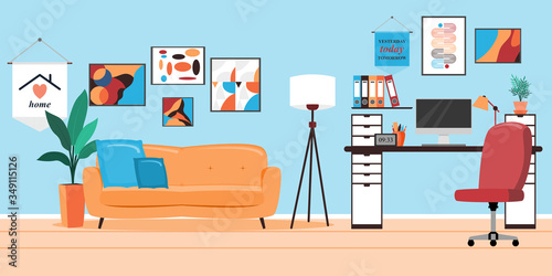 Interior of the living room. Vector banner. Design of a cozy room with sofa, window, decor accessories and work desk. Vector illustration about interior