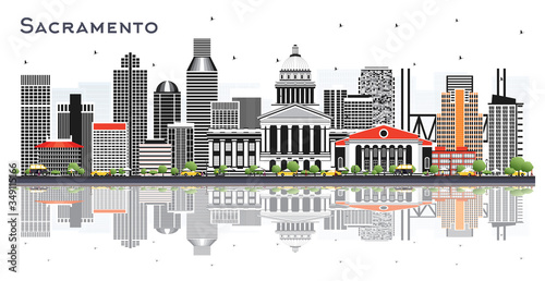 Sacramento California City Skyline with Gray Buildings and Reflections Isolated on White.