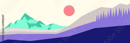 Abstract vector landscape with the hill and mountain range in aqua menthe color tones.