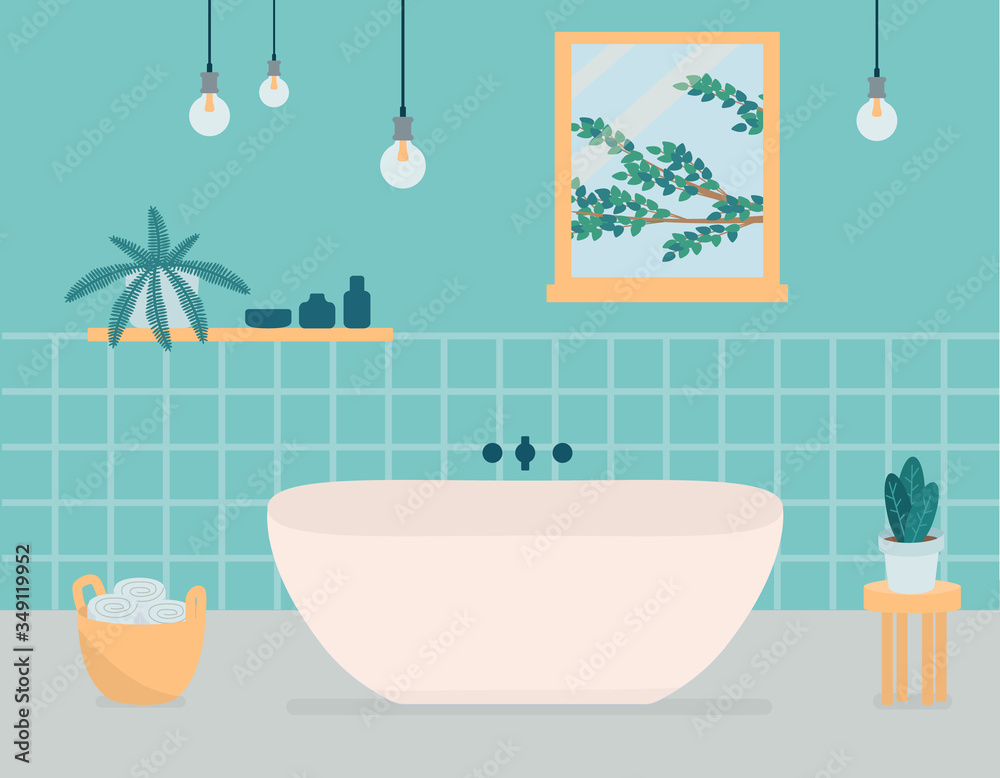 Bathroom interior with window, flowers, shelf, towels. Simple flat vector illustration in green and orange. Bathroom interior with window, flowers, shelf, towels. Simple flat vector illustration in green and orange.