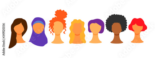 Female diverse faces. Multi-ethnic beauty. Women different nationalities and cultures. The struggle for rights, independence, equality. International women's day. Graphic in vector background.