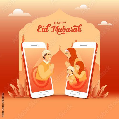 Eid mubarak greeting card. father blessing Eid mubarak to family using cell phone video call. Online communication during Covid-19 pandemic
