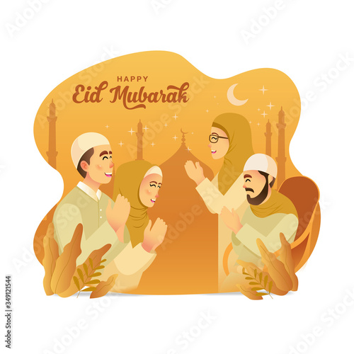 Eid mubarak greeting card. muslim couple blessing Eid mubarak to parents isolated on white background
