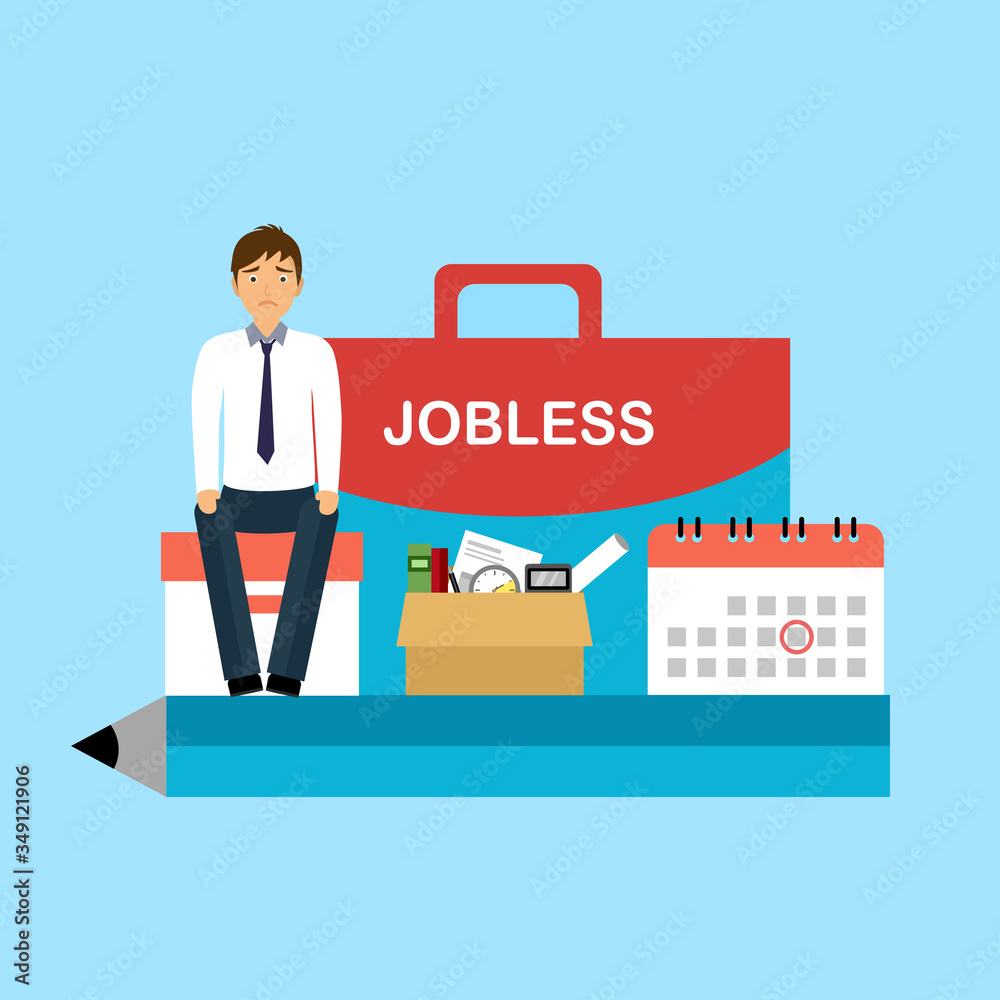 Sad businessman sitting with stuff and jobless text on business bag. Company staff was fired and loss job. Unemployment concept vector illustration in flat design.