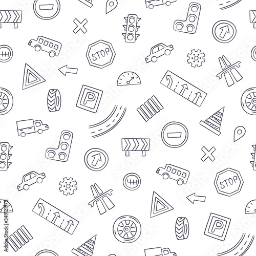 Doodle seamless pattern with cars, road signs, markings and traffic lights. Children wallpaper. Hand drawn vector illustration on white background