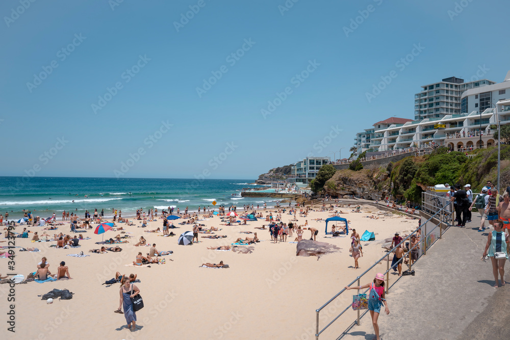 Busy Bondi Beach on a sunny day. Sydney, Australia.