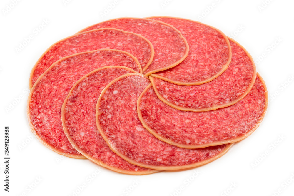 Salami slices isolated on white background. Salami slices isolated on white background.