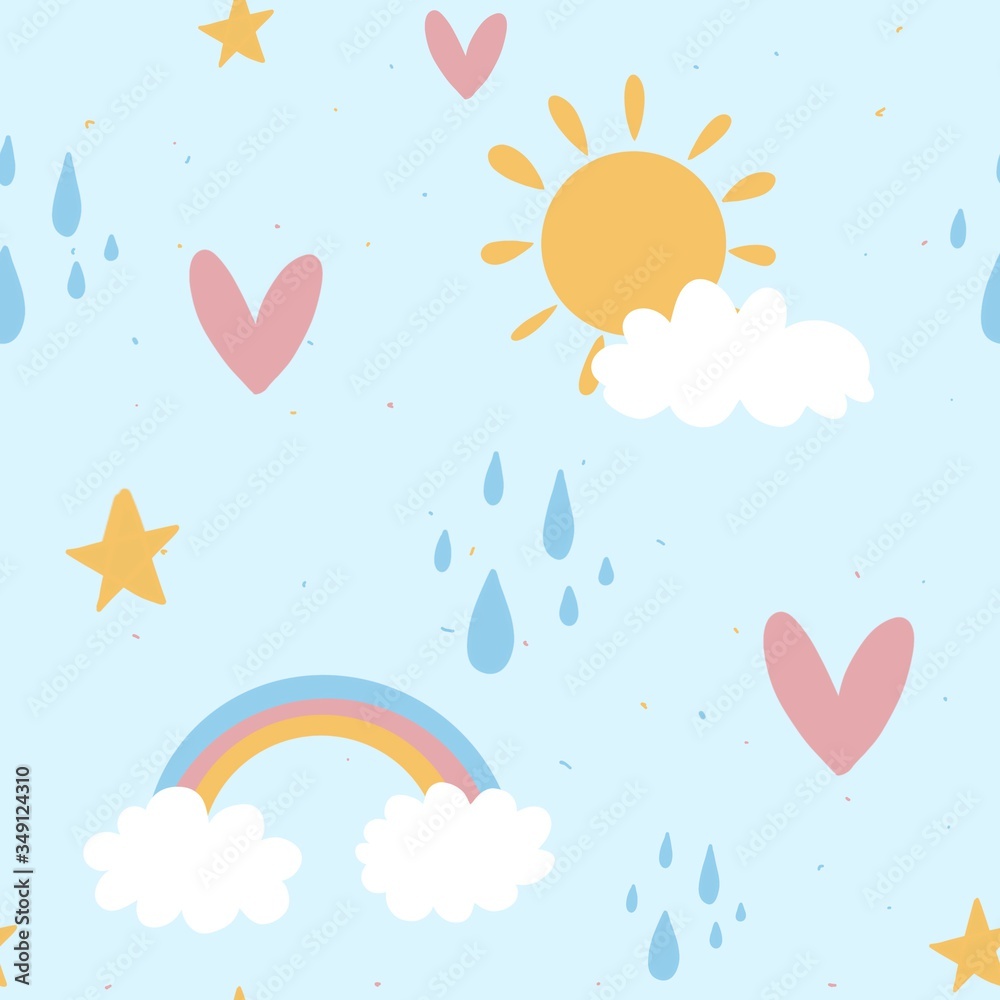 children illustration, rainbow, sun and clouds, heart and stars over blue sky. picture for kids book or calendar. summer weather concept. rain drops over sky. good weather. wallpaper or print seamless children illustration, rainbow, sun and clouds, heart and stars over blue sky. picture for kids book or calendar. summer weather concept. rain drops over sky. good weather. wallpaper or print seamless