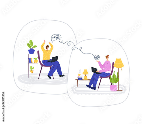 Psychological servise online - upset man calling to psychologist. Costumer on therapist on individual web therapy session at home, helpful consultation or personal assistance. Isolated vector
