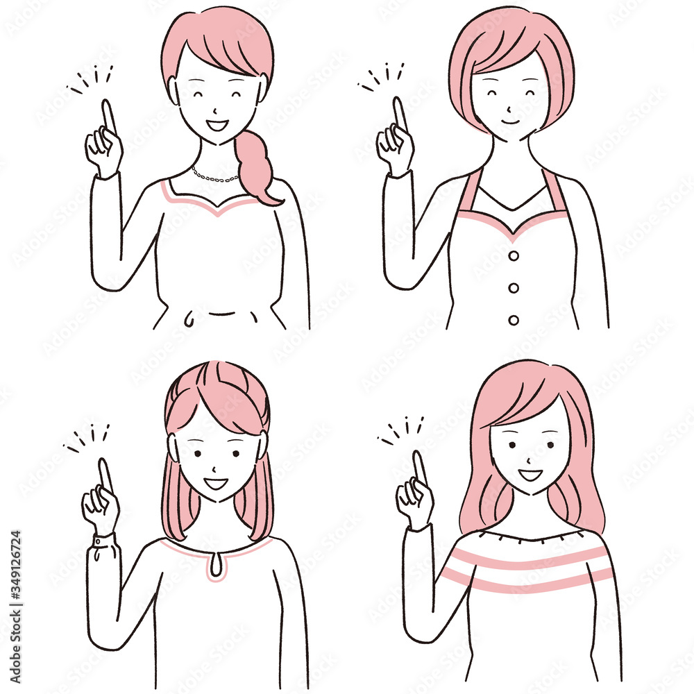 手描き1color 指差しをするの女性4人 手描き1color 指差しをするの女性4人