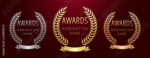 Awards logotype set. Isolated abstract graphic design template. First, second, third place symbol. Luxurious congratulate collection. Decorative congrats. Tradition greeting. Round palm. Cup elements.
