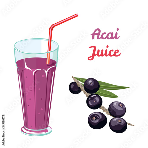 Acai juice of berries in a glass glass Isolated on a white background. Vector illustration of healthy organic drink and fresh berries in cartoon flat style.