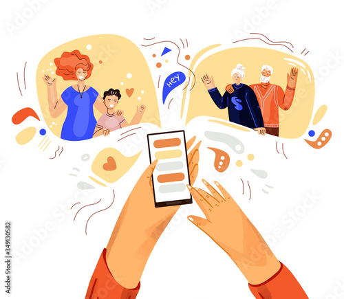 Hand with phone vector illustration, concept about online video call with friends, family and parents, grandparents. Family online meeting with smartphone, family communication