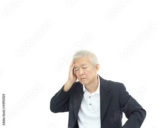 Covid-19 stress Asian senior elder businessman in white background © glowonconcept