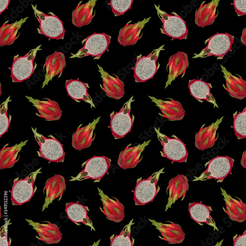 Seamless pattern with dragon fruits, pitaya on black background. Hand drawn gouache illustration in watercolor style for romantic cover, tropical wallpaper, restaurant menu, packaging, textile