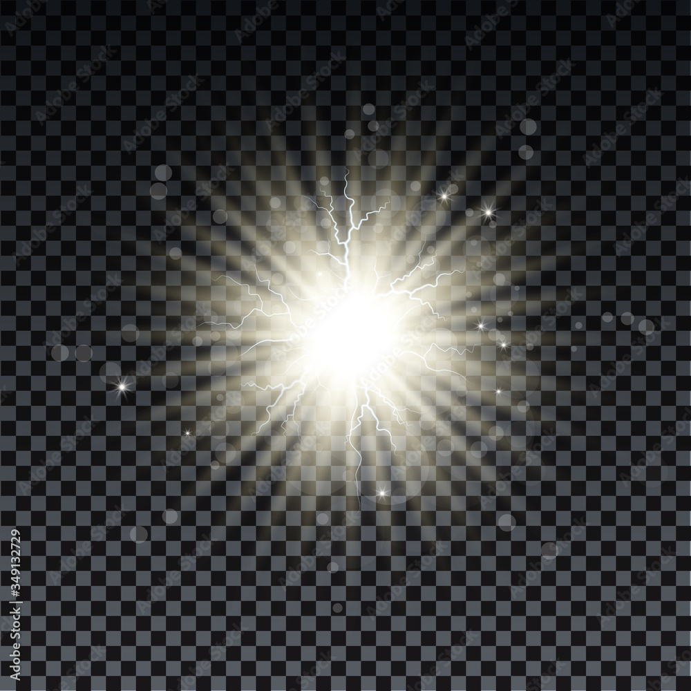 Golden burst with sparkle rays and lens flare effect. Glowing stars. Golden glitter bokeh lights and burst of magical dust particles. Vector illustration. Golden burst with sparkle rays and lens flare effect. Glowing stars. Golden glitter bokeh lights and burst of magical dust particles. Vector illustration.