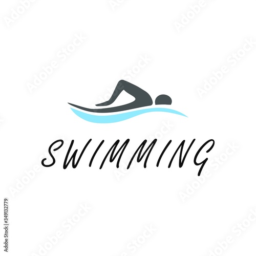 Blue swimming logo with abstract man silhouette. © garenx