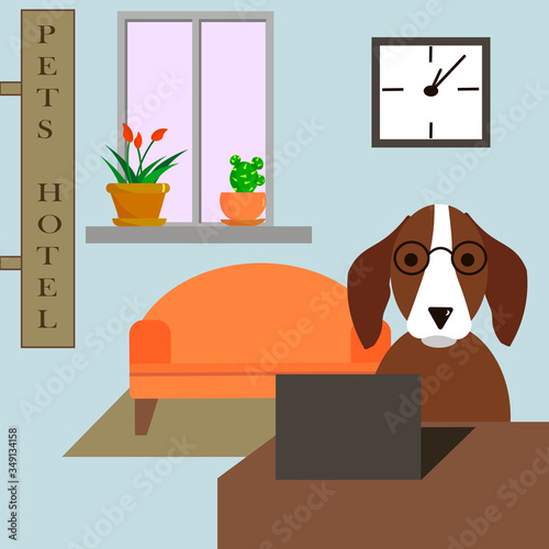 Hotel for pets. Vector illustration. Cartoon style. The dog is the hotel administrator.