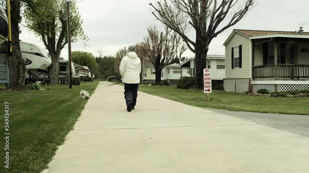 Caucasian woman walking Schnauzer dog on one way road in campground, static Caucasian woman walking Schnauzer dog on one way road in campground, static