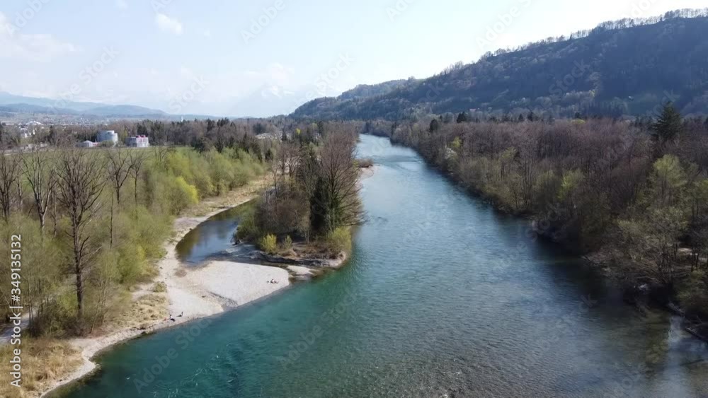 drone flight over the famous Aare river in Switzerland with green surroundings drone flight over the famous Aare river in Switzerland with green surroundings