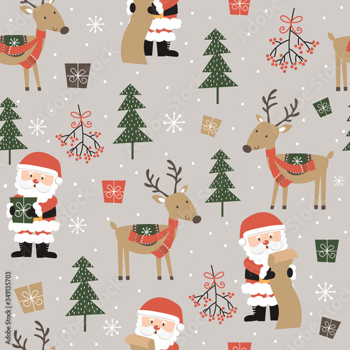Seamless cute Santa and reindeer and Christmas ornament pattern background