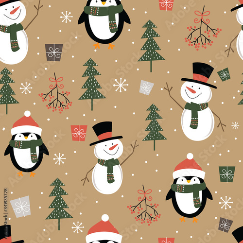 Seamless cute snowman and penguin on look brown kraft paper background, Christmas ornament pattern, vector illustration