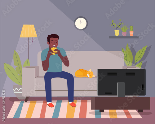 Afro american man eats a burger, holds a  beer and watches TV on the sofa. Vector flat illustration