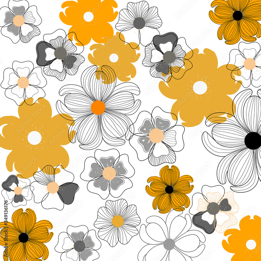 Vector image of flowers. Yellow and black abstract flowers on a white background. Bright background for cards, notebook covers, frames. 