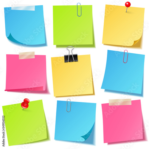 Realistic colorful blank sticky notes with clip binder. Colored sheets of note papers. Paper reminder. Vector illustration.