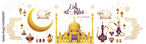 Vector set with arabic elements, lettering for Ramadan Greetings, Eid Al-Adha, Eid Mubarak cards. Arabic hookah, mosque, sheep, crescent, Eastern lanterns for Kurban Bayraminiz. Islamic holidays
