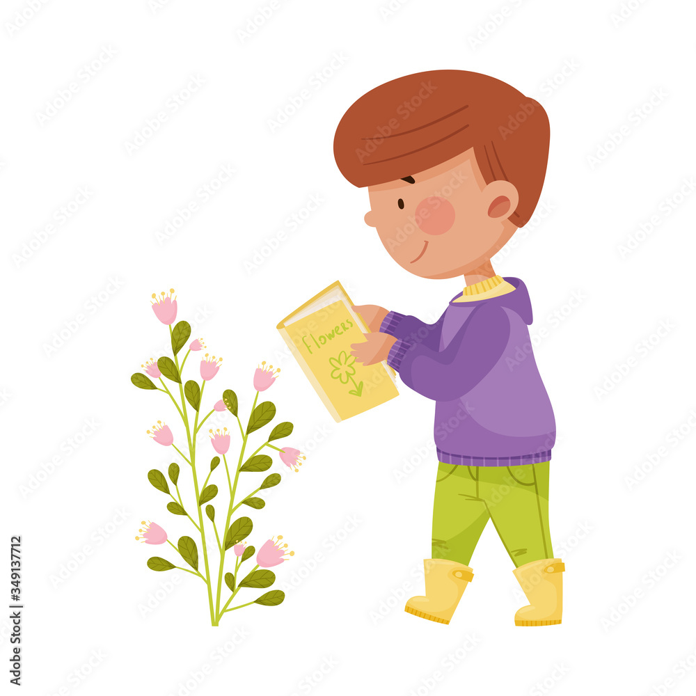 Cute Boy Holding Book Exploring Flowers and Environment Vector Illustration Cute Boy Holding Book Exploring Flowers and Environment Vector Illustration