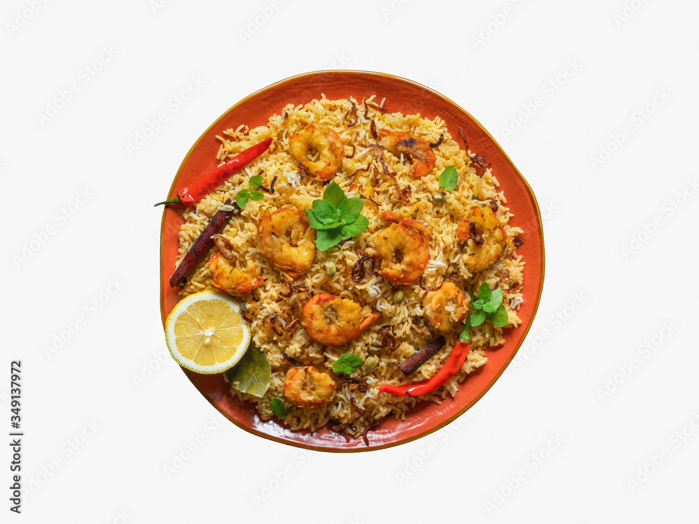 Isolated traditional Indian Biryani with shrimp.