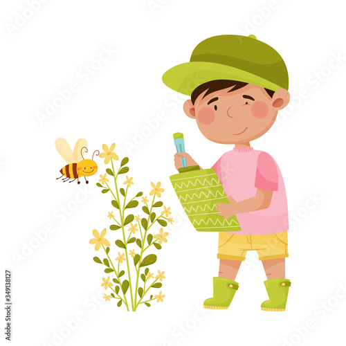 Little Boy Standing with Clip Board Drawing Flower and Bee Vector Illustration
