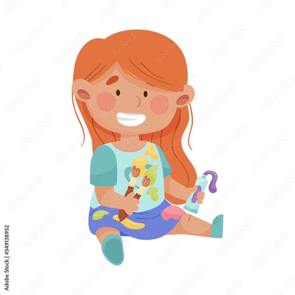 Playful Girl in Stained Clothes Sitting and Holding Paintbrush and Paint Vector Illustration