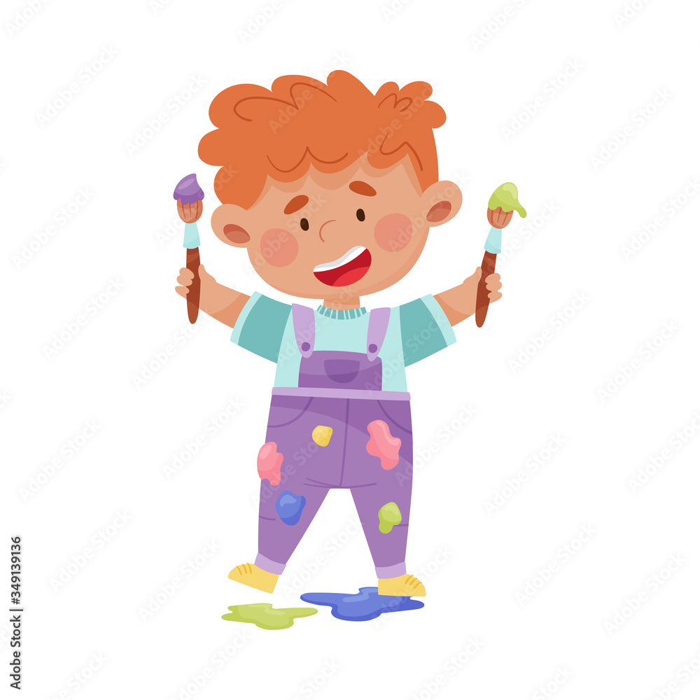 Cheerful Boy in Blotted Clothes Carrying Paintbrush and Paint Vector Illustration Cheerful Boy in Blotted Clothes Carrying Paintbrush and Paint Vector Illustration