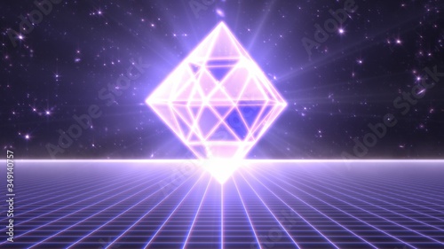 Futuristic Synthwave Neon Geometric 3D Shape Floating Over 80s Grid - Abstract Background Texture