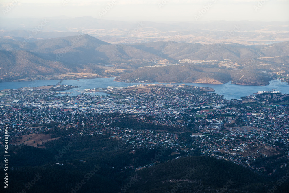 Bird's eye view of Hobart from the summit of Mt Wellington. Tasmania, Australia.