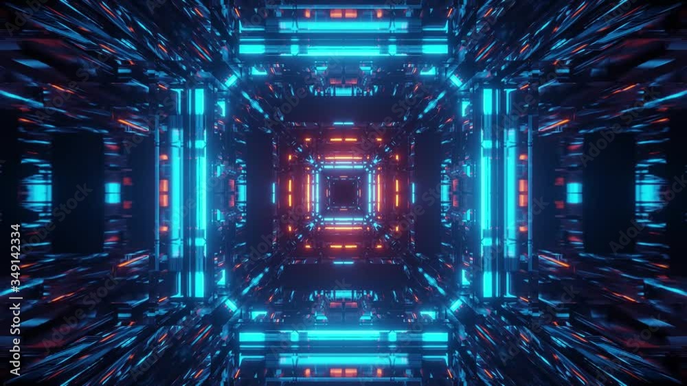 Slow motion graphics sci fi: bright teal and orange lights in square tunnel