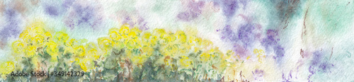 Nature floral landscape. Yellow flowers with green leaves and cloudy sky on textured paper. Watercolor painting web site banner template.