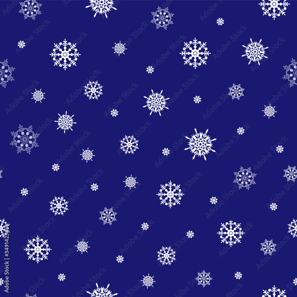 Endless texture of white snowflakes in various scale on the blue background. Vector illustration Endless texture of white snowflakes in various scale on the blue background. Vector illustration