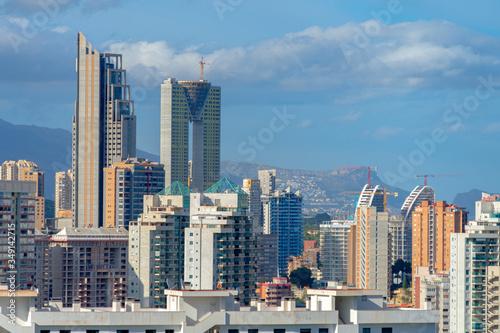 Panorama of Benidorm city  hotels  skyscrapers and mountains  Benidorm Spain