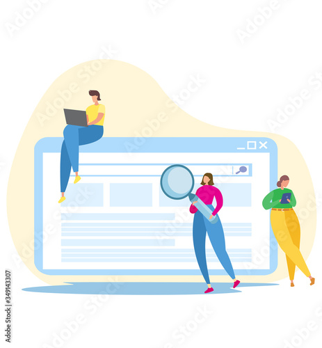 Flat vector illustration. Global search on the Internet. People are looking for information using a laptop. Search box. A girl is standing with a magnifier.